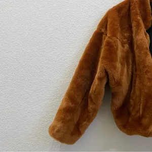 Free People $168 Faux Fur Furry Bomber Jacket Terracotta Golden Brown Size S thumbnail 7