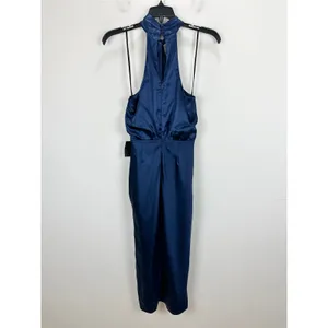 Lulus Jacey Navy Satin Halter Midi Dress Party Cocktail Classic Small NWT thumbnail 9