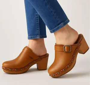 Lucky Brand Clog Heels Tan Leather Studded Braided Trim Slip-On Mule Sandals 7.5 thumbnail 1