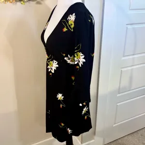 Free People Time On My Side Floral Wrap Mini Dress Black 3/4 Sleeve Sz M💚 thumbnail 5