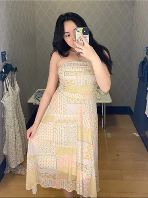 See You Monday patchwork dress midi fairy ruched stretchy pastel boho strapless thumbnail 2
