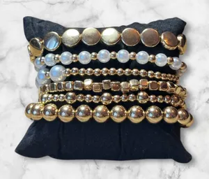 Gold & Pearl Beaded Multi Layer Elastic Bracelets 6 pcs thumbnail 1
