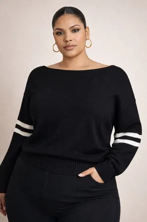 Nasty Gal Sweater Women Large Black Boat‎ Neck White Varsity Stripe Sleeve Knit thumbnail 1