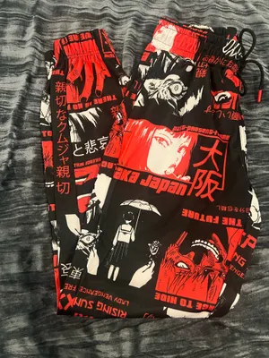 Anime Graphic Jogger Pants in Black & Red Size S thumbnail 1