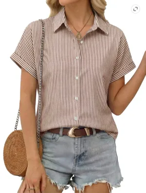 NWT ~ Women's Striped Casual Short Sleeve Summer Blouse Button Down Top ~ MEDIUM thumbnail 1