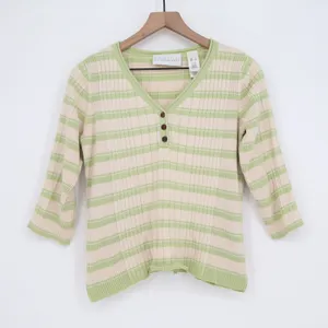 First Issue Sweater Womens Small Henley V-Neck Green Striped Ribbed Good thumbnail 1