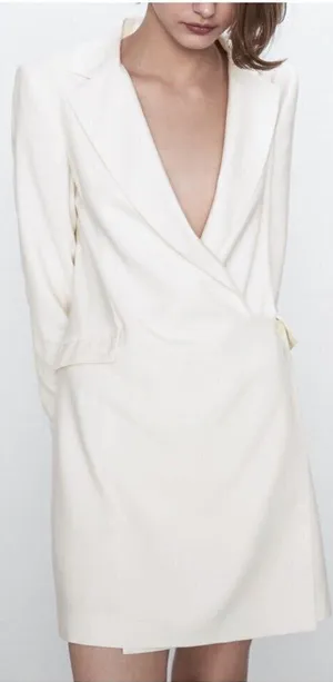 Zara Collared Plunge Blazer Dress Stretch Wool Blend in Cream Ivory Women's XS thumbnail 1