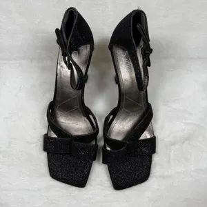 Franco Sarto Black Glitter Square Toe Strappy Ankle‎ Strap Sandals Heels 7.5 thumbnail 10