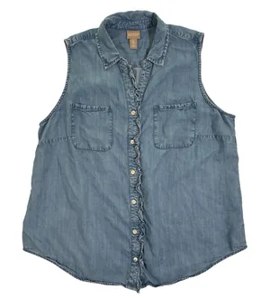 Chicos Blue Sleeveless Ruffle Denim Shirt Button Front Size 3 L XL thumbnail 1