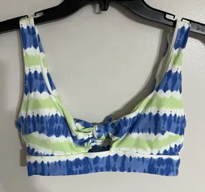 Aerie Scoop Neck Tie Front Bikini Top Blue Green Tie Dye Stripe‎ Small thumbnail 1