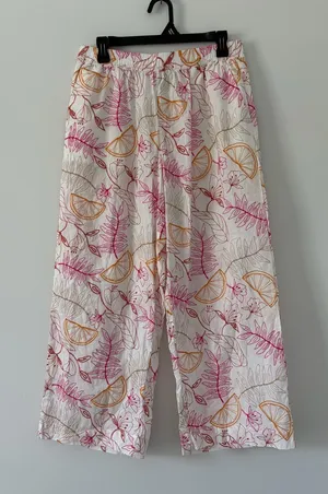 C&C California White Pink Orange Floral Embroidered Cotton Wide Leg Boho Pants M thumbnail 1
