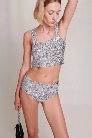 NWT Maje Silver Tutterfly Sequin Culotte Hipster Shorts thumbnail 1