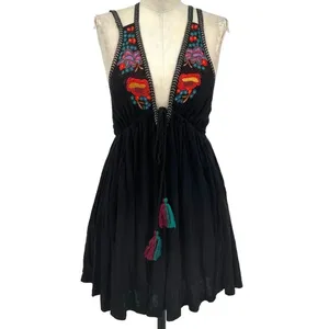 Free People Lovers Cove Embroidered Tassel Mini Dress‎ in Black Size XS thumbnail 3