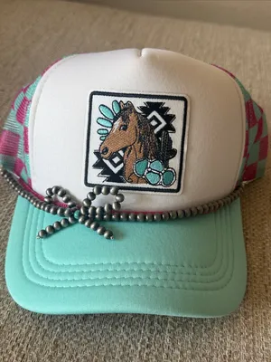 White Trucker Hat with Horse Patch Green thumbnail 3