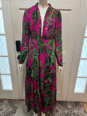 Farm Rio Boho Tropical Print Long Sleeve Maxi Dress in Fuchsia Size Small thumbnail 3