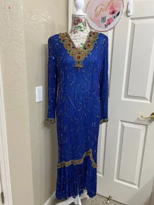 Vintage Tan-Chho Pure Silk Beaded Sequin Maxi Gown Dress Royal Blue Size XL 80’s thumbnail 2