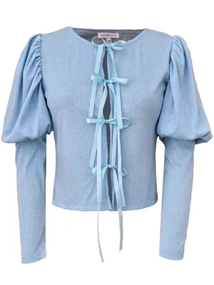 NWT Allina Liu Mitski Pointelle‎ Cardigan Baby Blue Tie Front Womens Size XXS thumbnail 7
