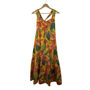 Farm Rio Yellow Beaks & Bananas Cotton Maxi Dress Small Tropical Toucan Tiered‎ thumbnail 2