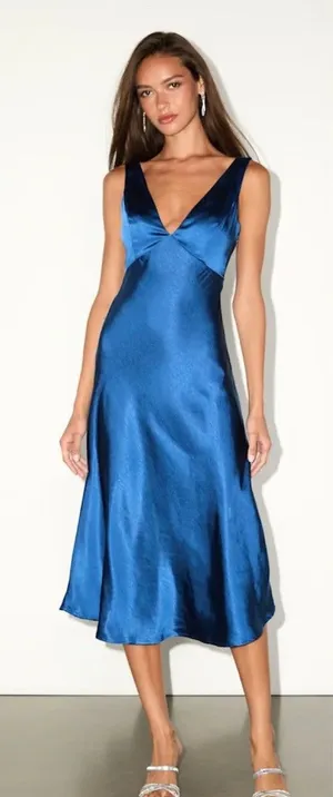 Lulus Incredible Love Navy Satin Cowl Back Midi Slip Dress Size Large Cocktail thumbnail 1
