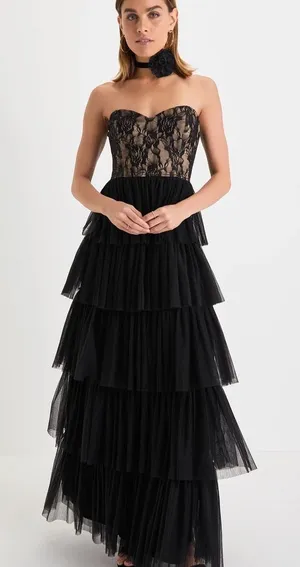 Lulus Sensational Darling Black Lace Tulle Tiered Strapless Maxi Dress thumbnail 1