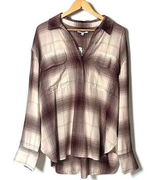 Madewell NEW Long Sleeve Flannel Popover Shirt Womens XL Plaid Burgundy Tunic thumbnail 1