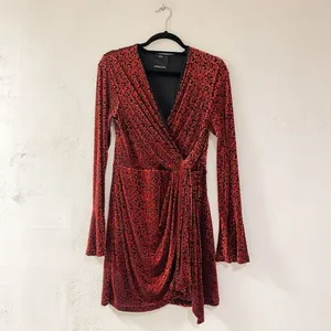 C/MEO Breakthrough Velvet Long Sleeve Tie Front Dress in Black and Red Medium thumbnail 2