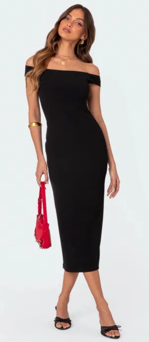 Edikted Kyla Off Shoulder Ribbed Midi Dress S NWT thumbnail 1
