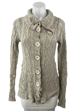 Forever Beige Cable Knit Collared Long Sleeve Button Down Jacket Sweater Top S thumbnail 1