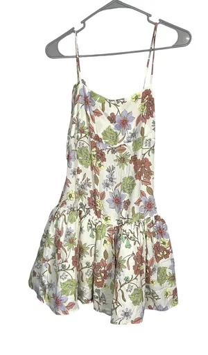 Olivaceous Floral Mini Dress Womens Cream Multi Ruffle Tie Strap - S thumbnail 1