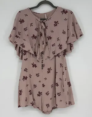 Free People‎ Womens Floral Capelet Romper Mauve Burgundy Size M Boho Romantic thumbnail 1