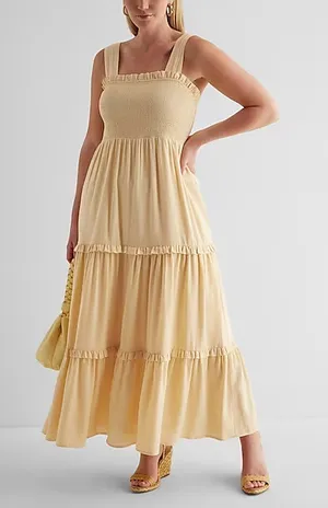 Express Linen-Blend Square Neck Smocked Tiered Maxi Dress thumbnail 1