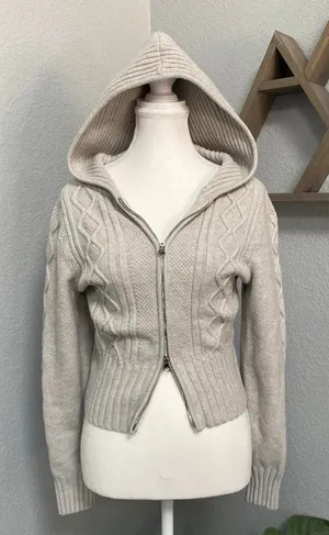 Wild Fable Cream Grey Cable Knit Zip Up Hoodie Sweater Grunge Dark Cottagecore thumbnail 1