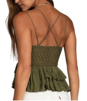 Free People Intimately Medium Adella Cami Top Olive Sparrow Ruffled Crochet Lace thumbnail 3