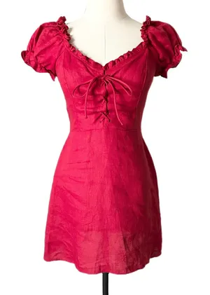 Reformation Klara 100% Linen Mini Dress Lipstick Red Lace-Up Puff Sleeve Size 2 thumbnail 1