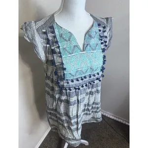 THML Womens Striped Boho Embroidered Pom Pom Trim Shift Dress Grey Blue TM3130 M thumbnail 2