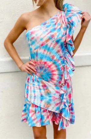 Alla Berman Leila Tie Dye Swiss Dot One Shoulder Dress Ruffles Womans M NWT thumbnail 1