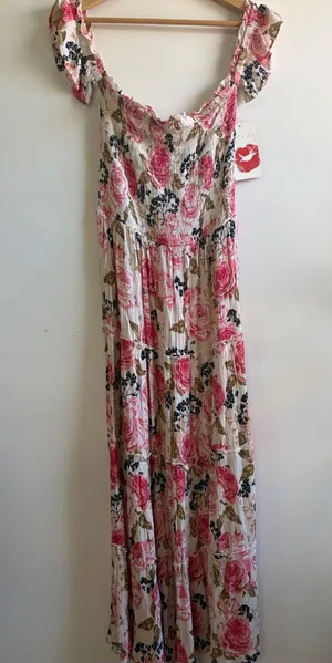 Hot Kiss Pink and Cream Floral Smocked Midi Dress thumbnail 1