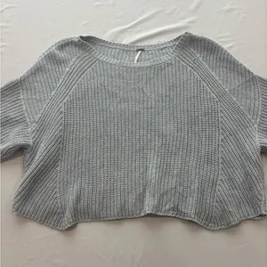Free People Grey Ribbed Knit Cropped Short Sleeve Boxy Sweater Cotton Blend XS‎ thumbnail 5