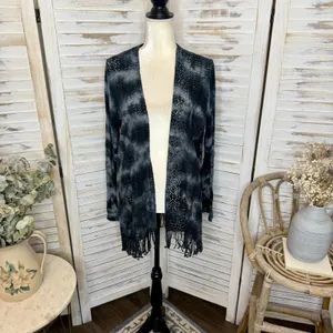 XCVI Women's L Cotton Fringe Open Crochet Knit Cardigan Sweater Bleached Tie Dye thumbnail 13