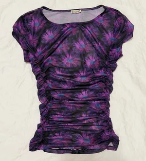 Intimately Free People Purple Floral Mesh Ruched Short Sleeve Top‎ XS thumbnail 1