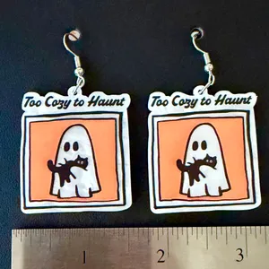 "Too Cozy to Haunt" Ghost & Black Cat Halloween Dangle Earrings 👻🐈‍⬛ thumbnail 2