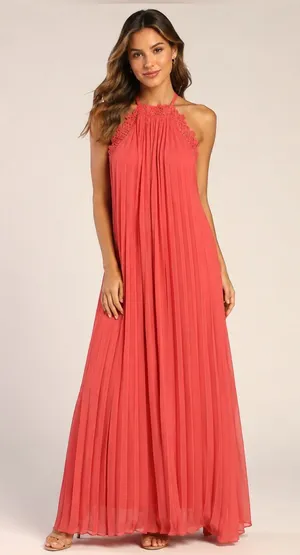 Lulus Coral Lace Halter Pleated Maxi Dress XS thumbnail 1