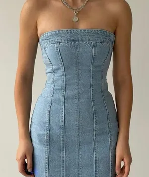 Asos Strapless Denim Mini Dress With Slit Hem thumbnail 11