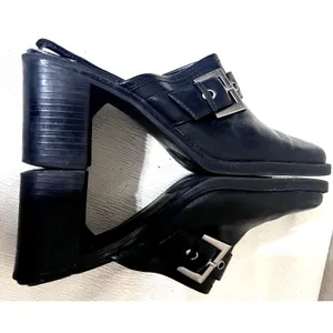 White Mountain Bretta Black Leather Mules Square Toe Buckle Chunky Heel Clogs 8M thumbnail 4