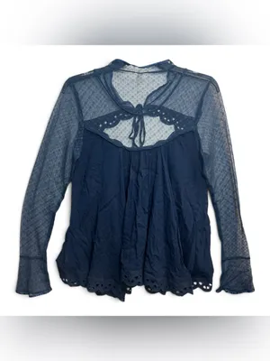 Free People Navy Blue Sheer Lace Eyelet Long Sleeve Boho Blouse Top Size M thumbnail 3
