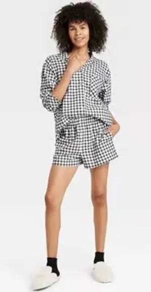 Auden NWT Women's Flannel Black White Checkered Top Shorts Pajama Set Size L thumbnail 1