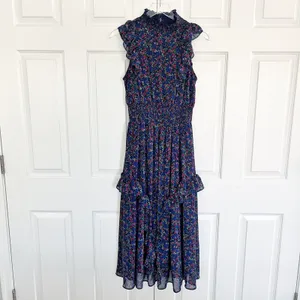 Lulus Evalina Navy Blue Floral Print Mock Neck Sleeveless Ruffle Midi Dress thumbnail 4