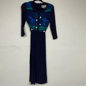 Vintage Blue Crepe Midi Dress Womens 8 80s Embroidered Short Sleeve Green Fall thumbnail 11