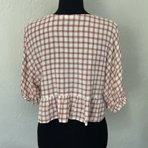 Newbury Kustom Plaid orange & white ruffle crop top w/ quarter sleeves & button down thumbnail 4