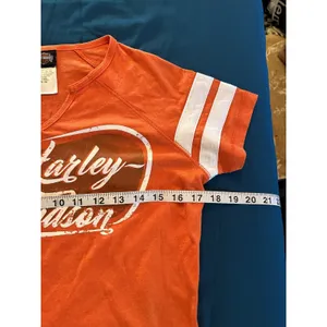 Harley Davidson T Shirt Orange & White Striped Sleeves Women XS Baton Rouge LA thumbnail 2
